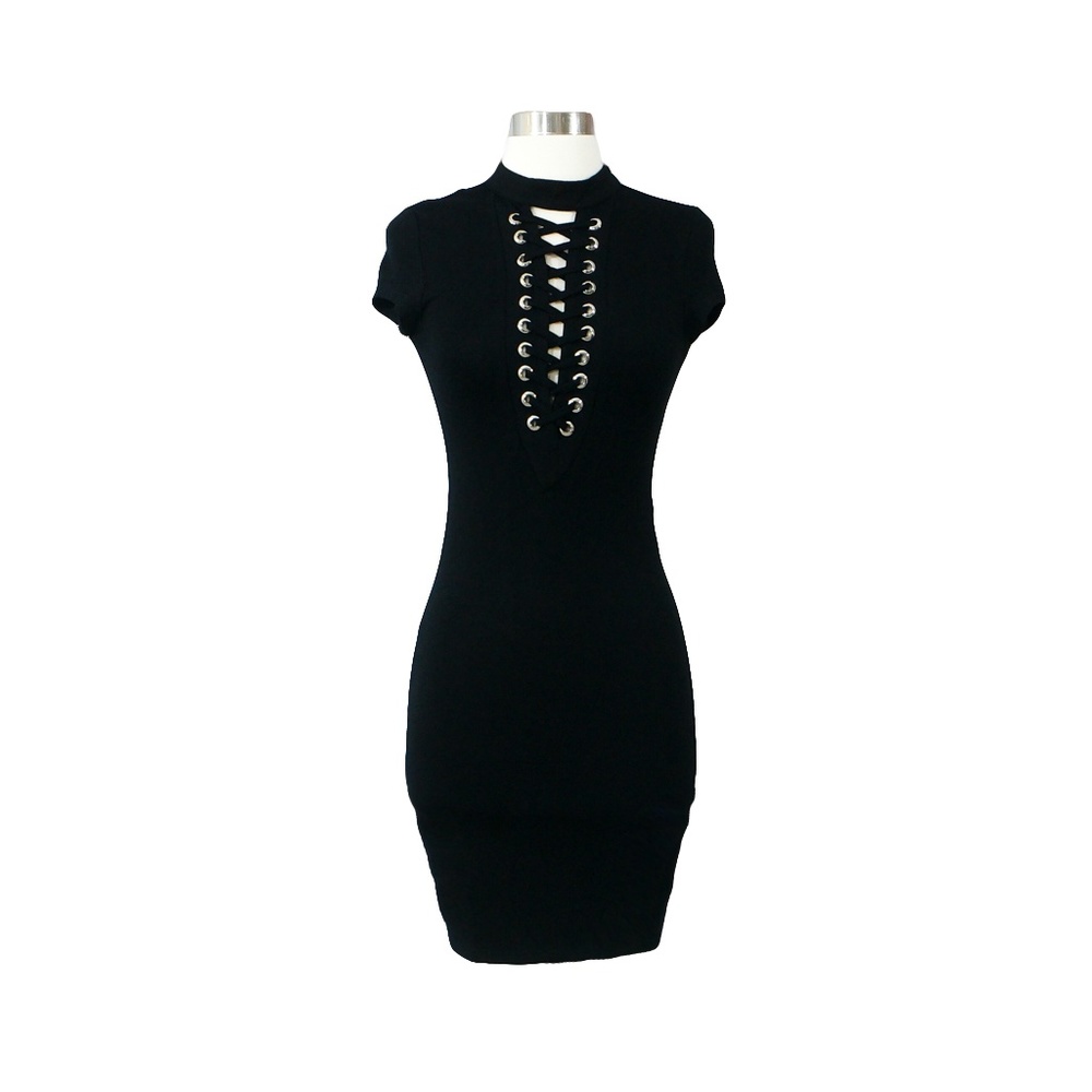Black Lace up Eyelet Bodycon Mini Dress - Picture 5 of 8